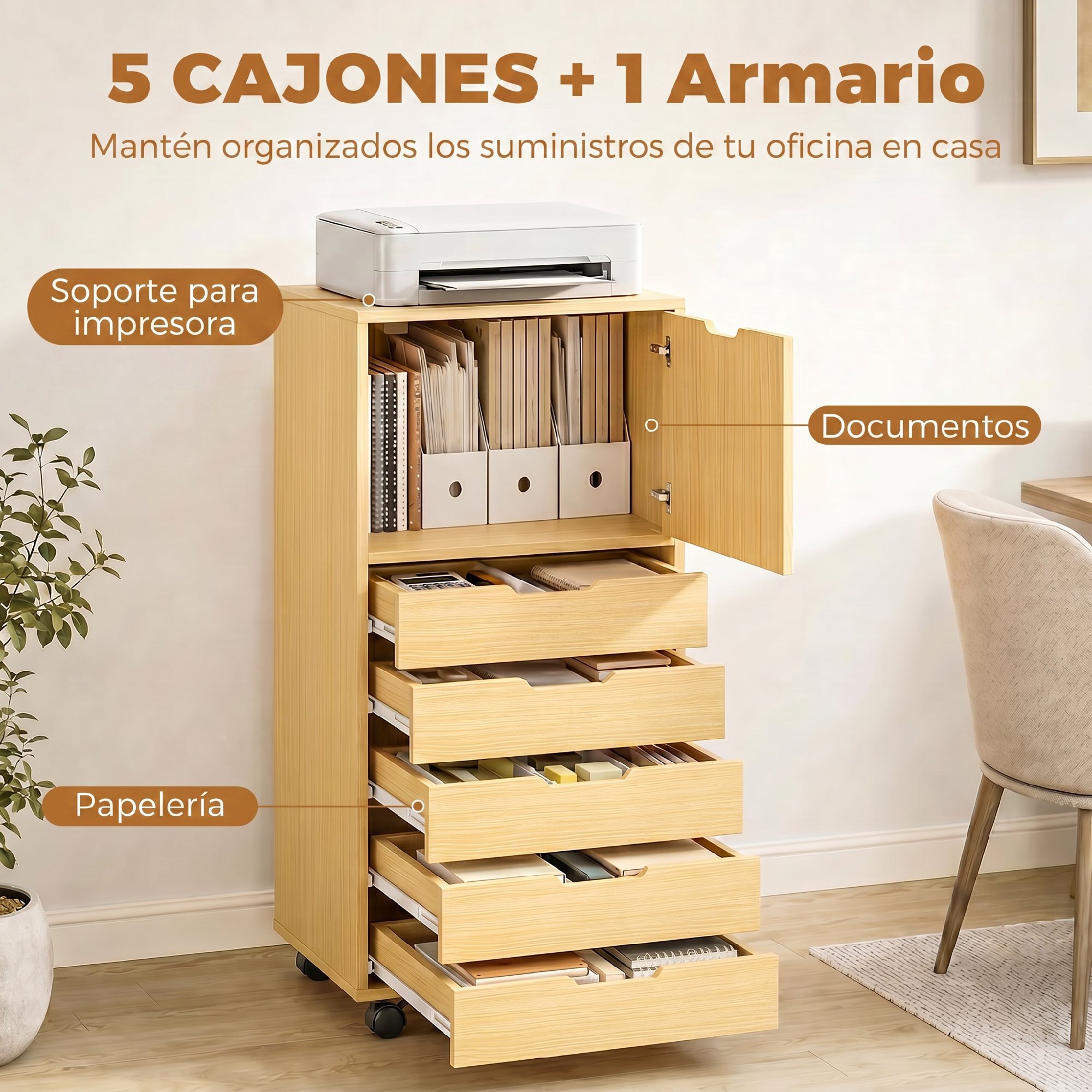 Cajonera Escritorio con 5 Cajones, Cajonera de Oficina con Ruedas y Armario con Cierre Suave, Soporte para Impresora, Mueble Archivador para Oficina en Casa, Natural