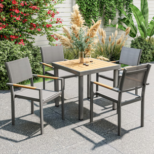 Lot de 4 chaises de jardin assise dossier textilène structure alu accoudoirs revêtement PVC effet bois