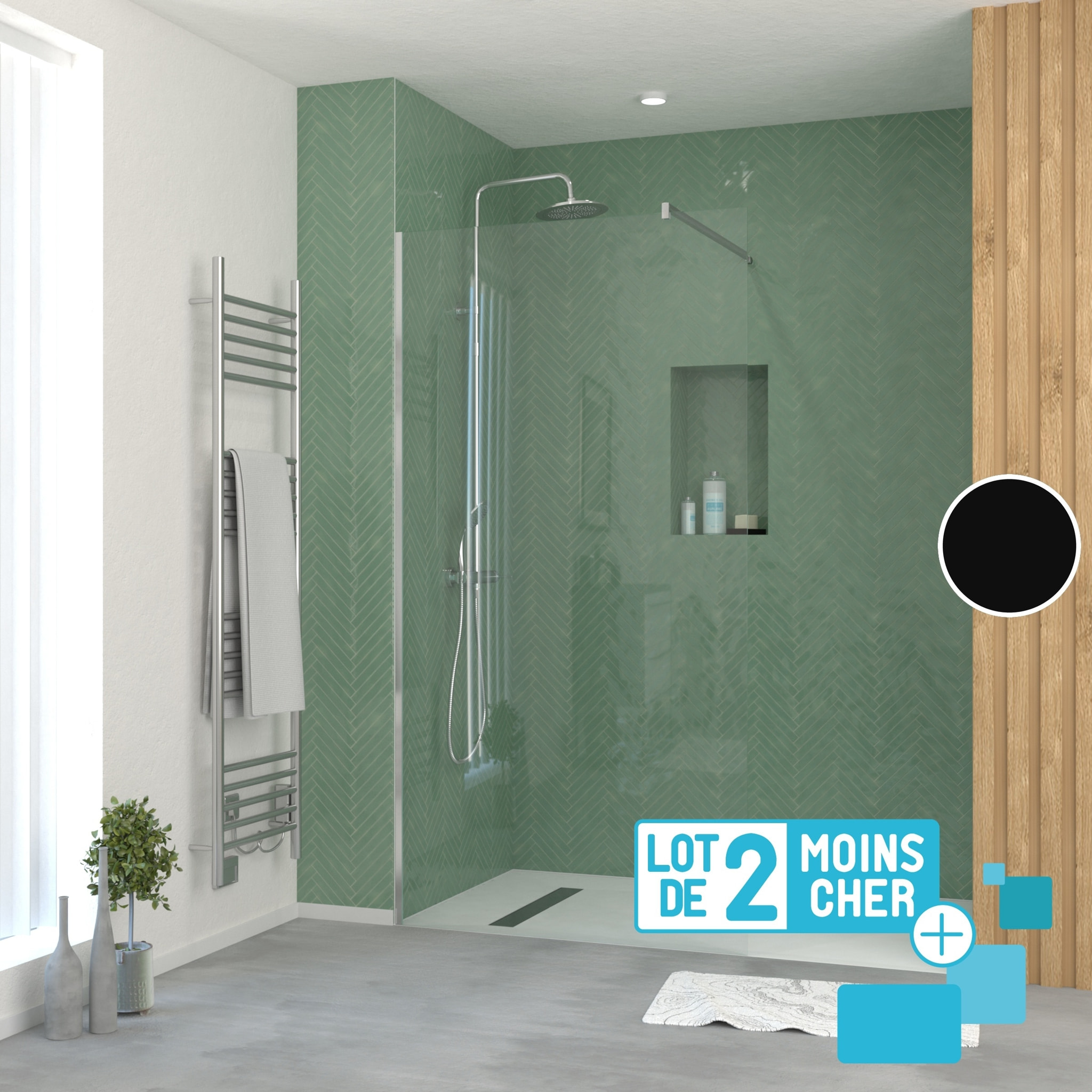 LOT de 2 Parois de Douche 100x195 cm en Verre Trempé 5 mm - Profilés et Bras Chromés