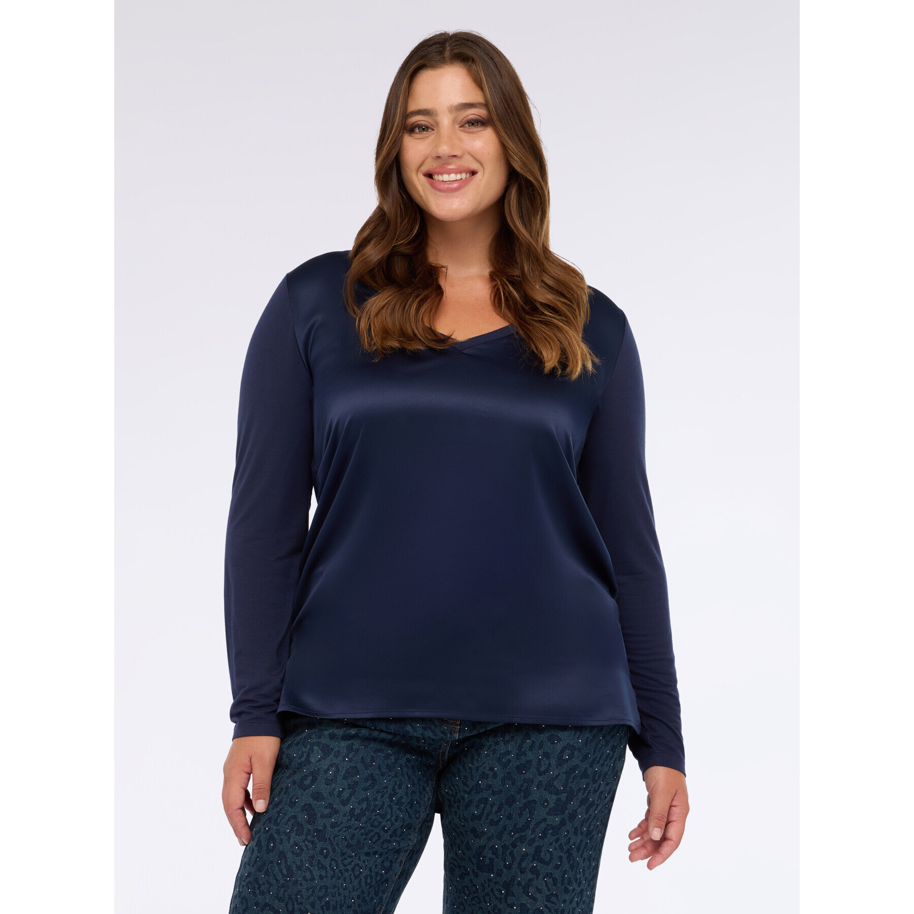 Fiorella Rubino - Camiseta bimatérica con escote en V y mangas largas - Azul