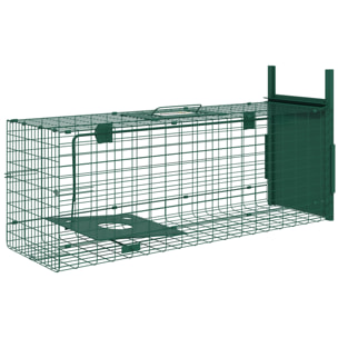 Piège de capture pour petits animaux type lapin rat - entrée, poignée - dim. 80L x 25l x 30H cm - acier vert