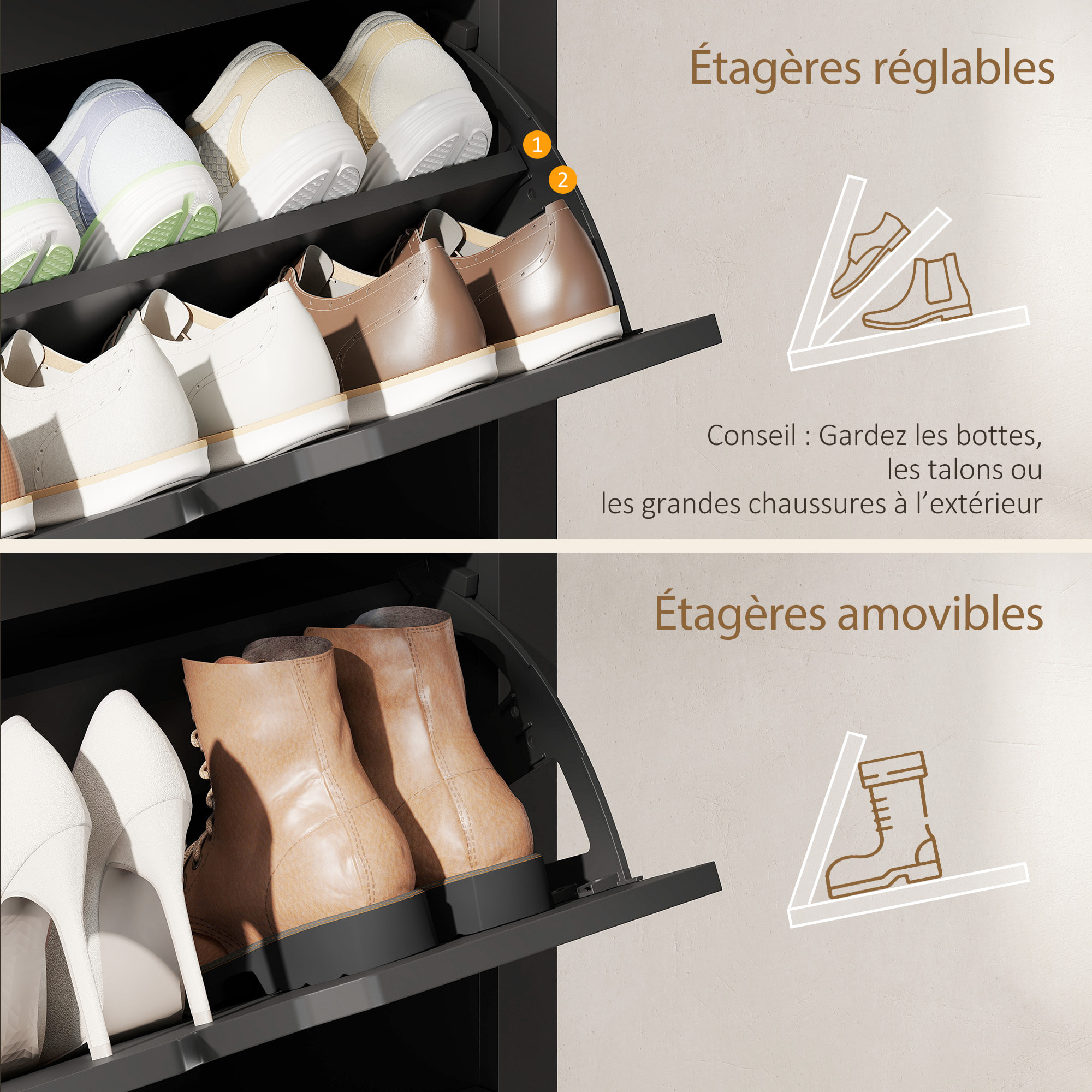 Armoire à chaussures 2 portes abattantes 2 compartiments noir naturel