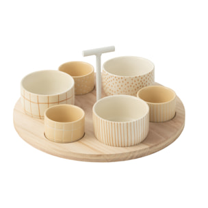 J-Line planche à tapas 6 bols + plat en bois - céramique/bois - blanc/crème