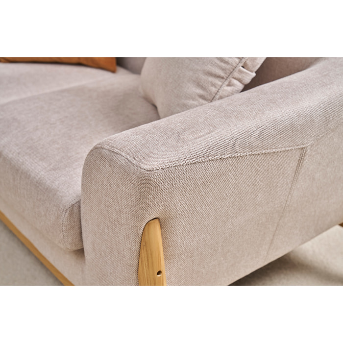 Canapé scandinave 2 places en tissu effet velours texturé beige et bois clair ASAKO