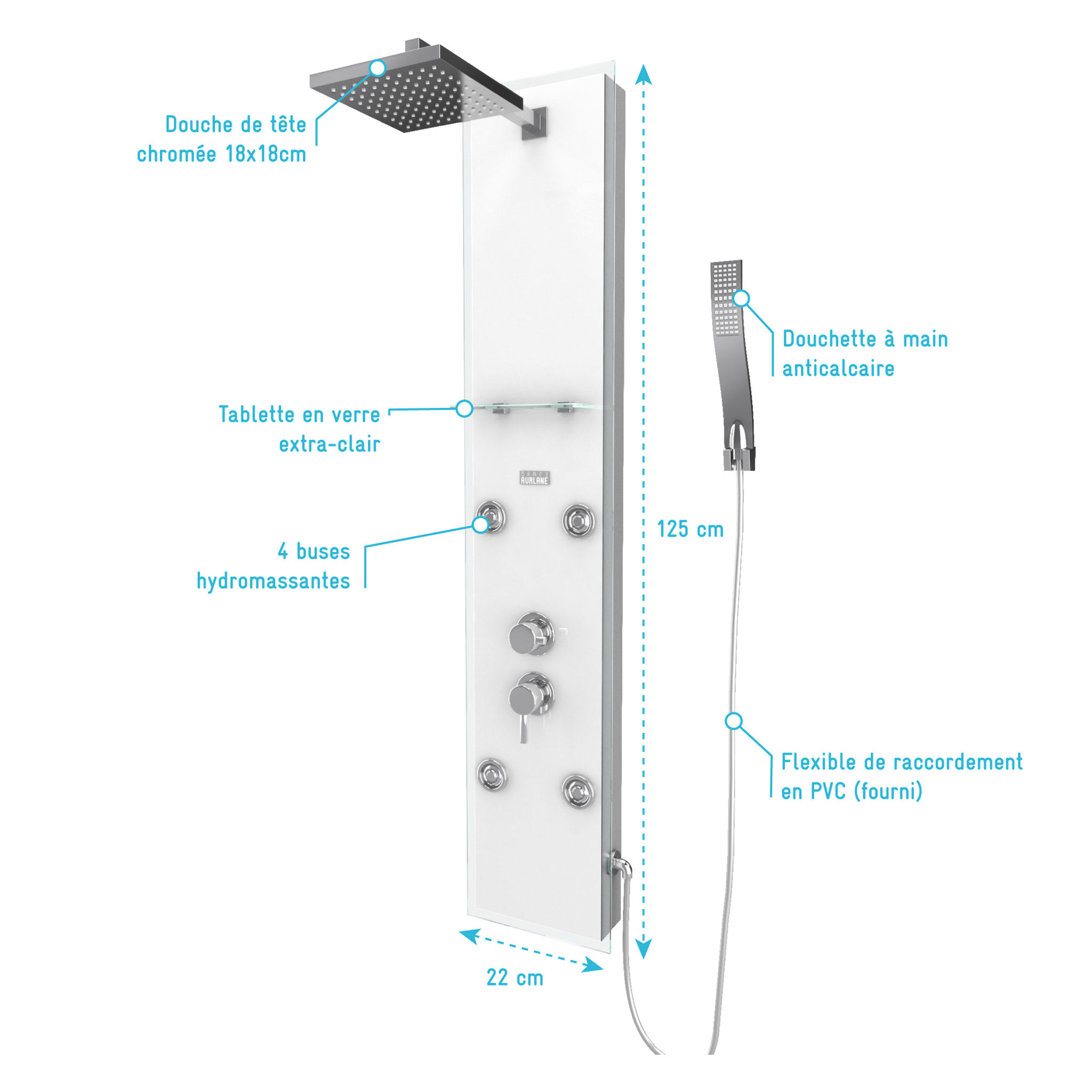 Colonnne de douche a hydromassage - 22x125cm - en verre trempe + buses hydromassantes- EPSILON WHITE