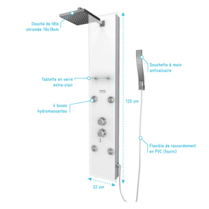 Colonnne de douche a hydromassage - 22x125cm - en verre trempe + buses hydromassantes- EPSILON WHITE