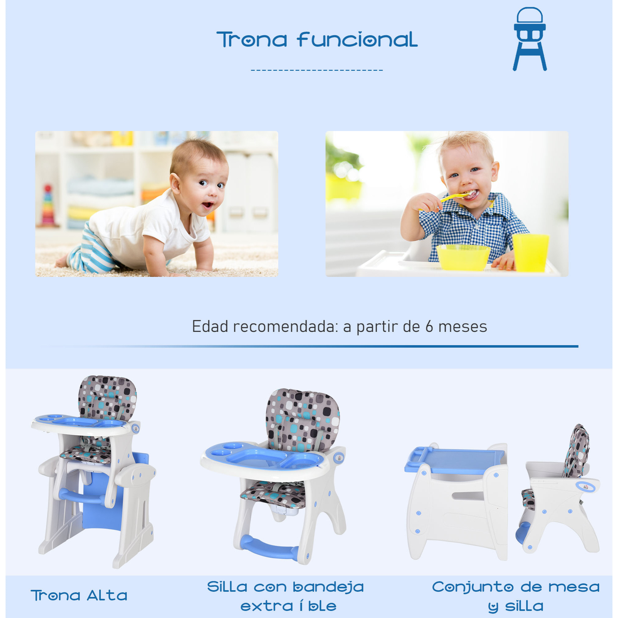 Trona para Bebés 3 Posiciones Ajustables Acolchado Azul