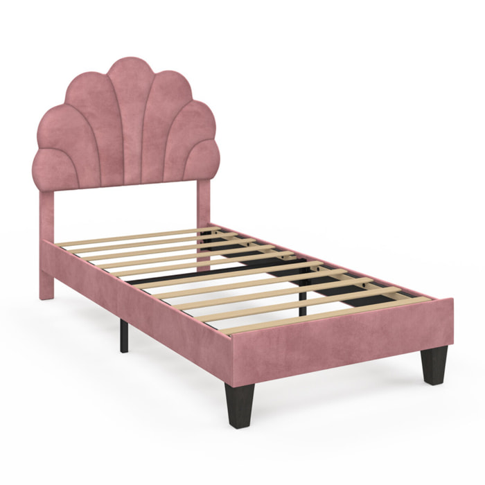 Lit simple Amalia tête de lit coquillage 90x190cm velours rose