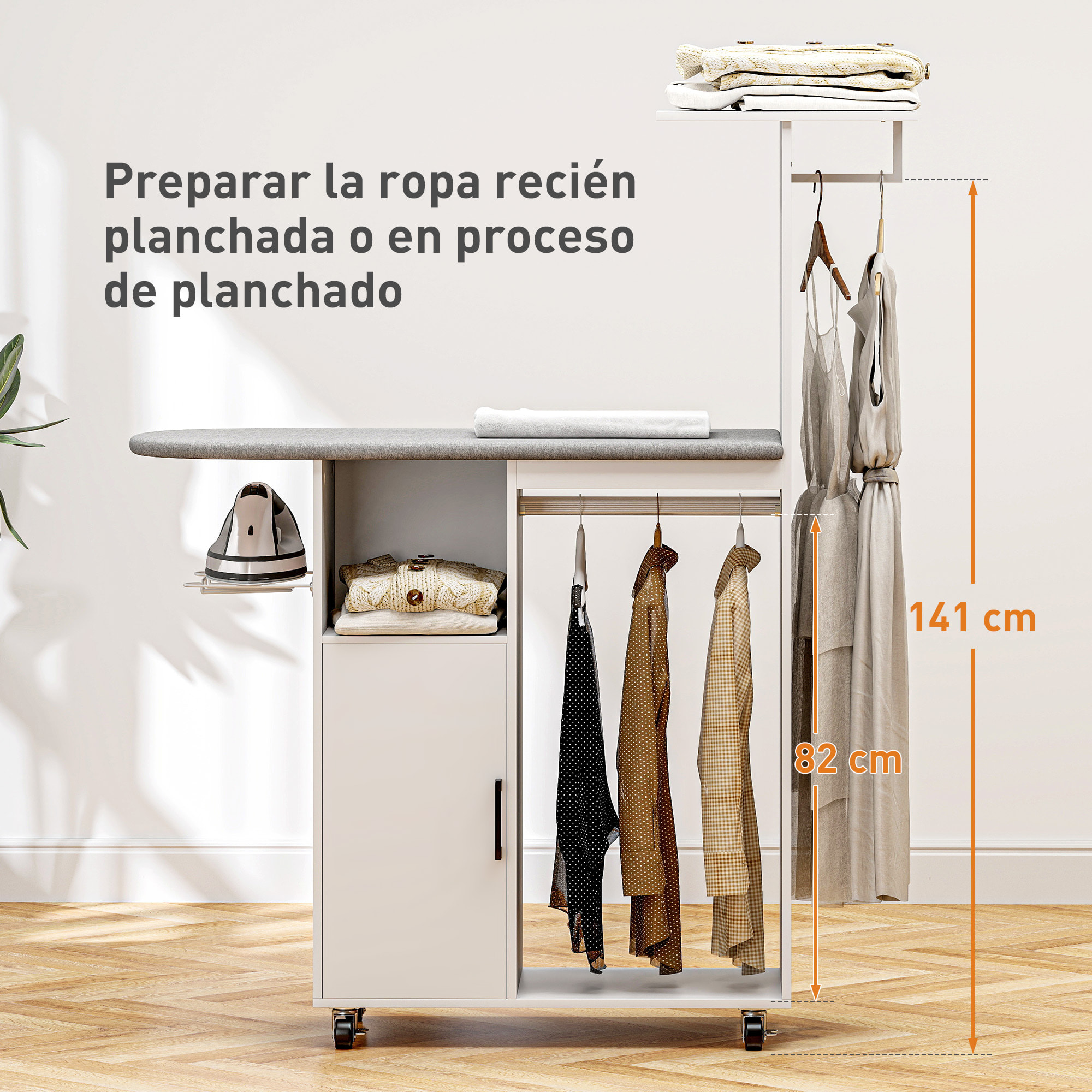 Mueble de Planchar con Ruedas y Soporte Lateral Mueble de Planchado con Tabla de Planchar Barra para Ropa Estante Ajustable 127,5x43,5x153 cm Blanco
