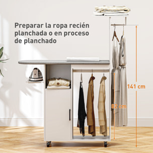 Mueble de Planchar con Ruedas y Soporte Lateral Mueble de Planchado con Tabla de Planchar Barra para Ropa Estante Ajustable 127,5x43,5x153 cm Blanco