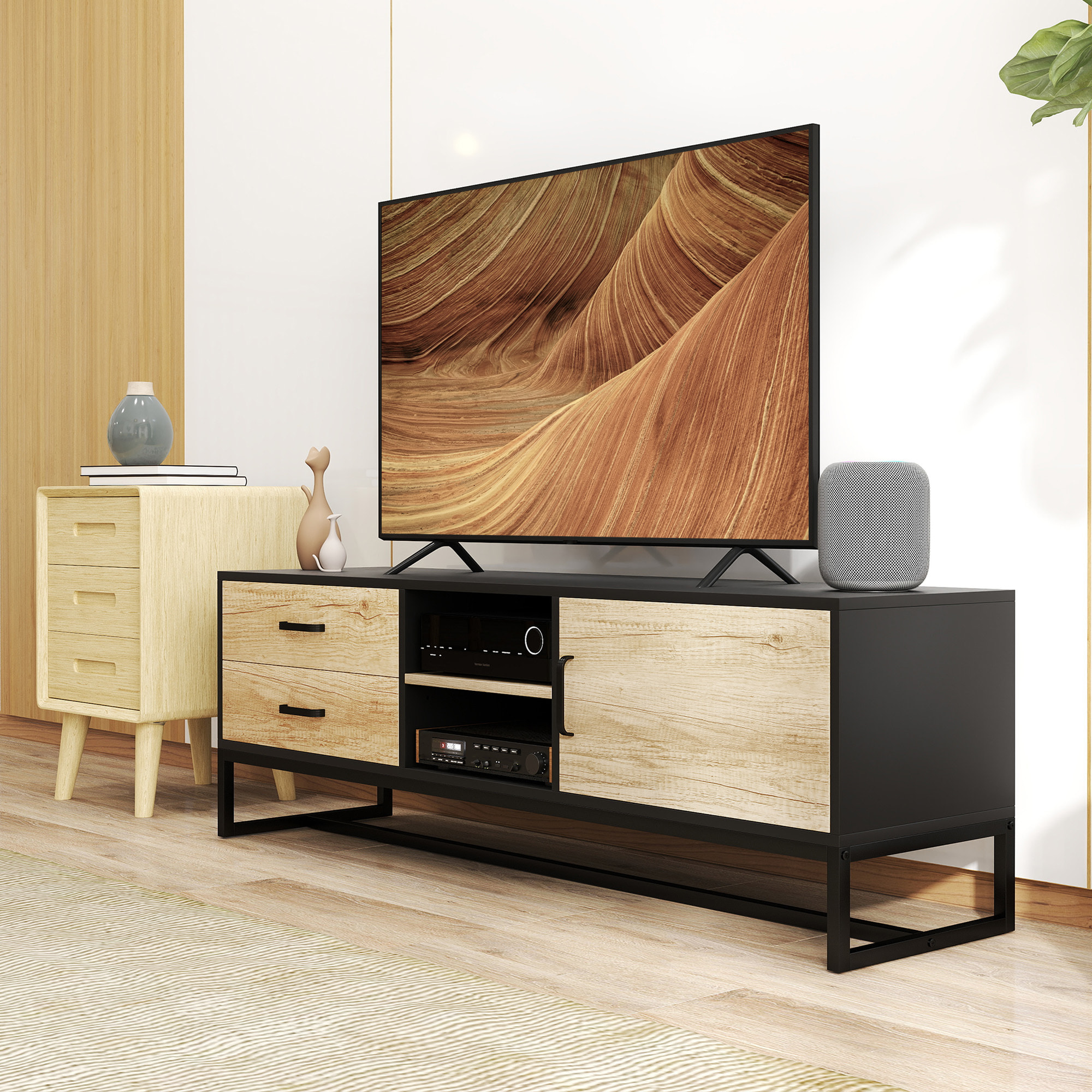 Meuble TV moderne - porte, étagère, 2 tiroirs, 2 niches - acier noir effet bois