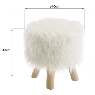 SACHA - Tabouret rond 40x40cm peau de mouton couleur ivoire pieds bois