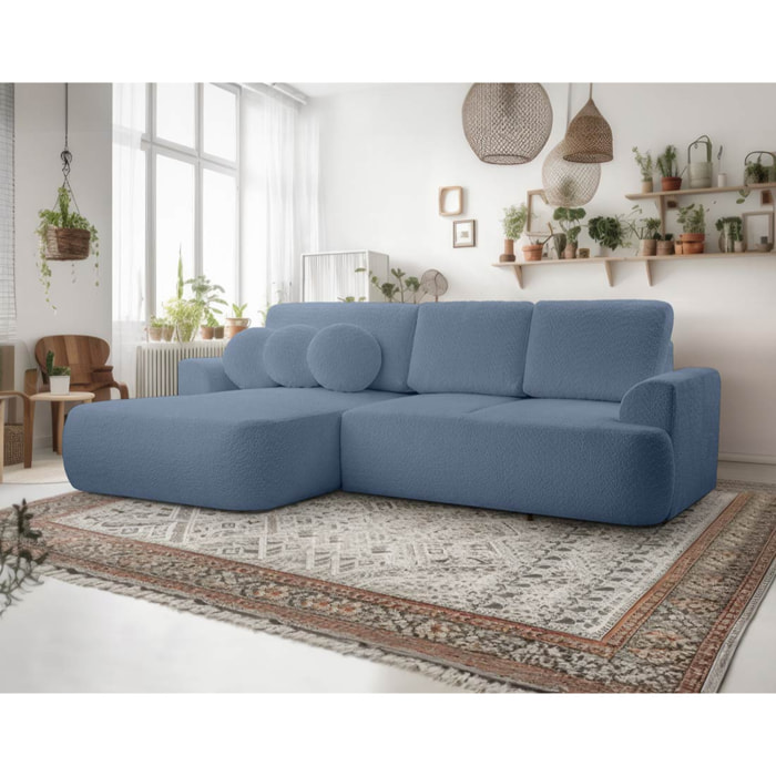Candela - canapé d'angle gauche 4 places - convertible avec coffre - en tissu bouclette - Bleu