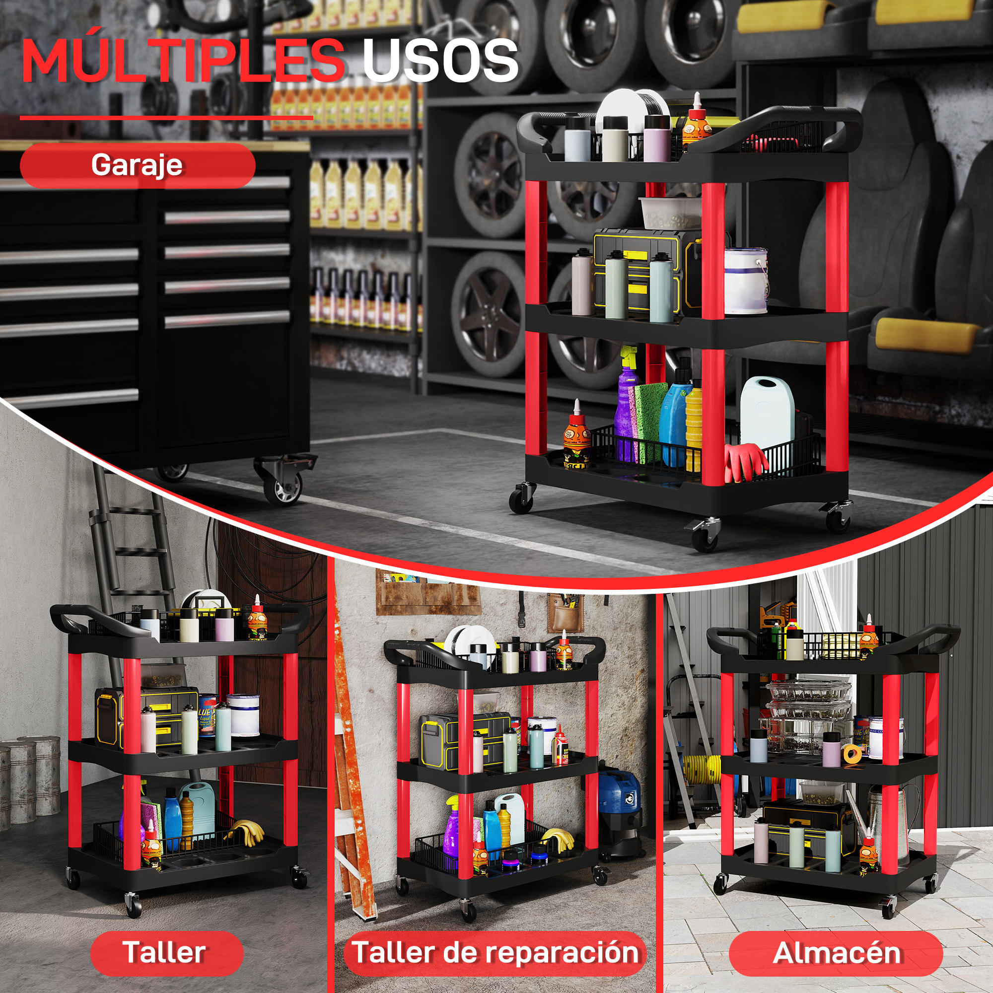 Carro de Taller Carro de Herramientas con 3 Estantes Ruedas y Asas para Garaje Mecánico Hogar Carga 91 kg Rojo y Negro