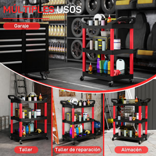 Carro de Taller Carro de Herramientas con 3 Estantes Ruedas y Asas para Garaje Mecánico Hogar Carga 91 kg Rojo y Negro