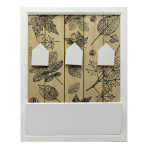 Portachiavi con sfondo stampa foglie, in legno con portalettere rettangolare 3 posti cm29,5x6,5h37