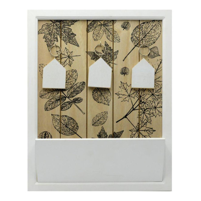 Portachiavi con sfondo stampa foglie, in legno con portalettere rettangolare 3 posti cm29,5x6,5h37