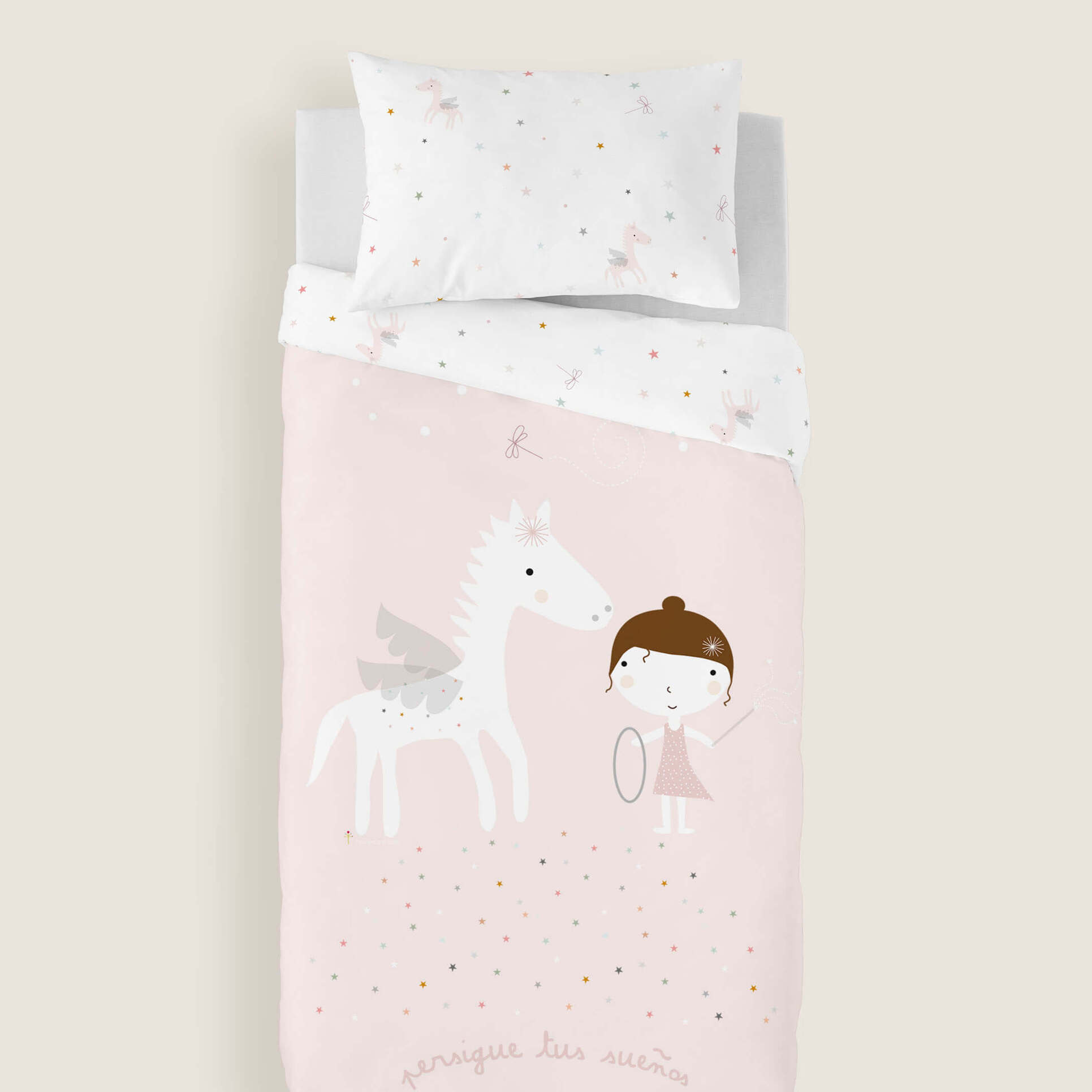 Funda Nórdica Estampada - Reversible - Infantil - Cierre Solapa - 100% Algodón - Incluye 1 Funda de Almohada - Cuna/Maxicuna - Pegaso Mágico