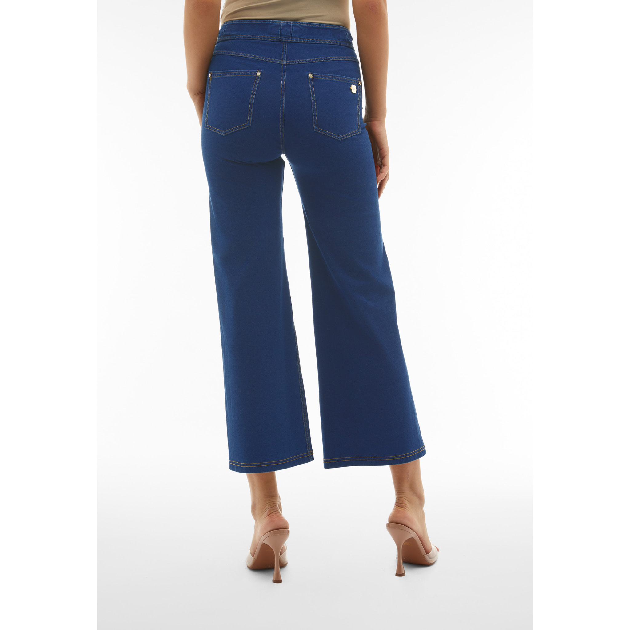 Pantaloni N.O.W.® wide leg cropped vita alta in jersey denim