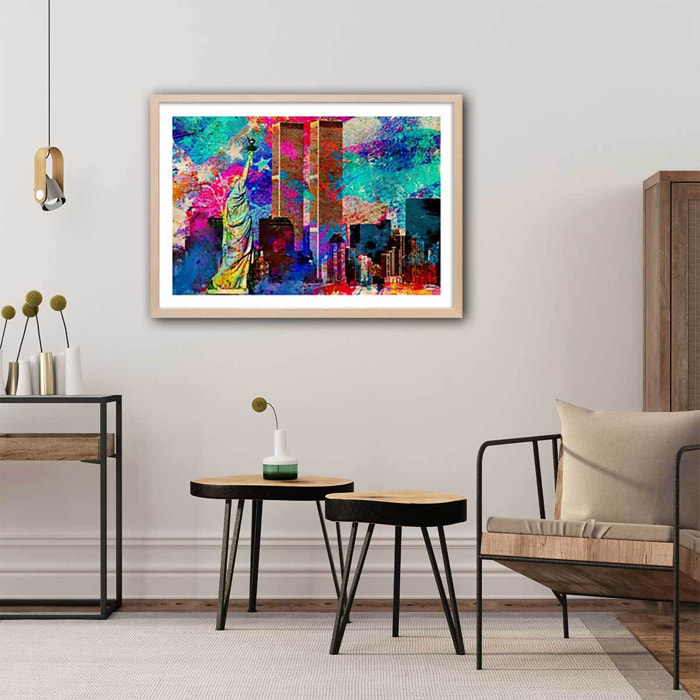 Affiche illustration graffiti new york Affiche + cadre en bois - Chêne