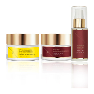 Suero de retinol + Crema hidratante de noche con retinol + Crema de día con colágeno Spf