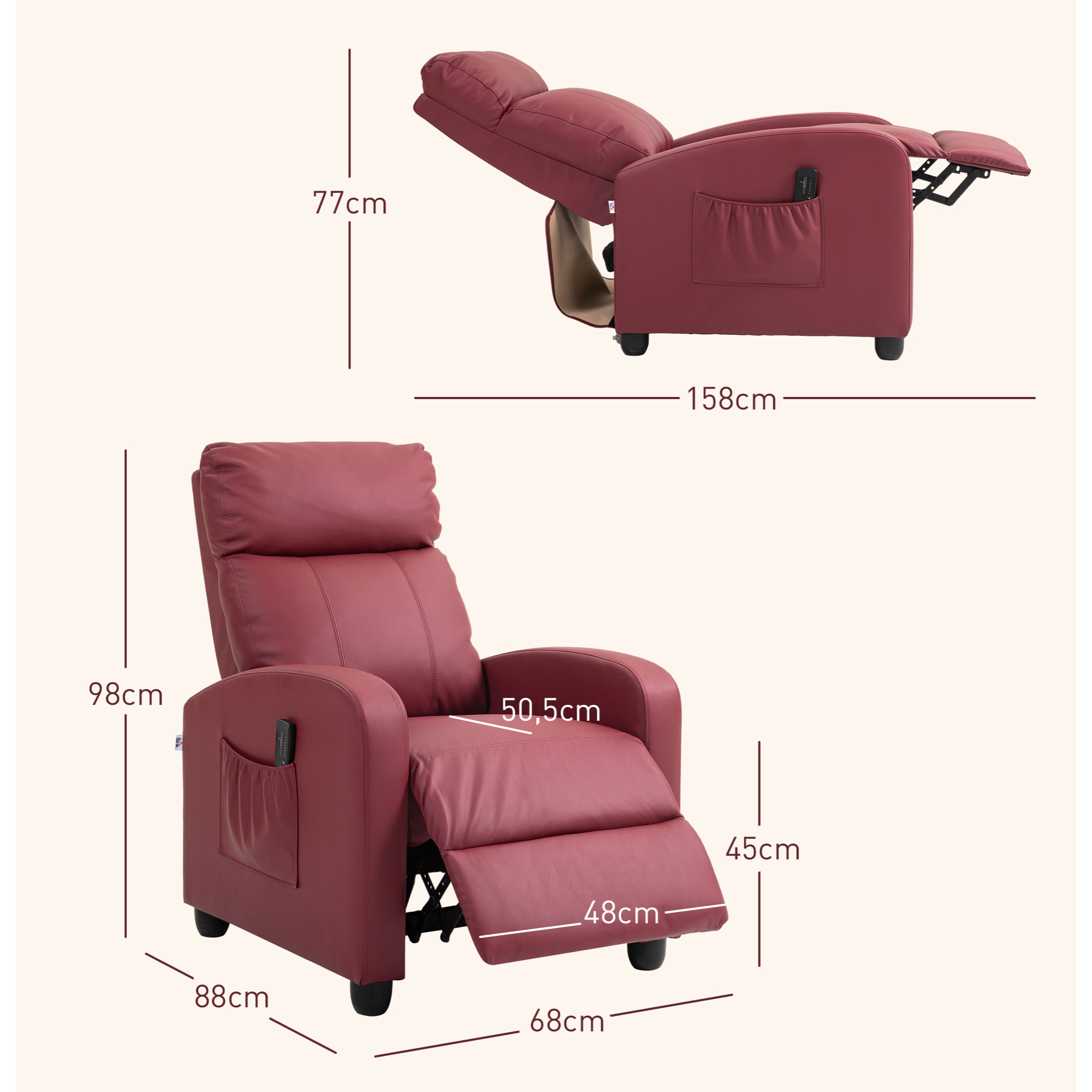 Sillón de Masaje, Sillón Relax Reclinable con Mando a Distancia, 2 Zonas de Masaje, 8 Programas, 5 Niveles de Intensidad, Bolsillo Lateral y Temporizador Tapizado en PU 68x88x98 cm Rojo Burdeos