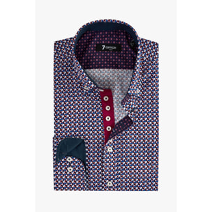 Camicia Uomo 1 Bottoni Button Down Slim Popeline Stampato Bordeaux/Blu