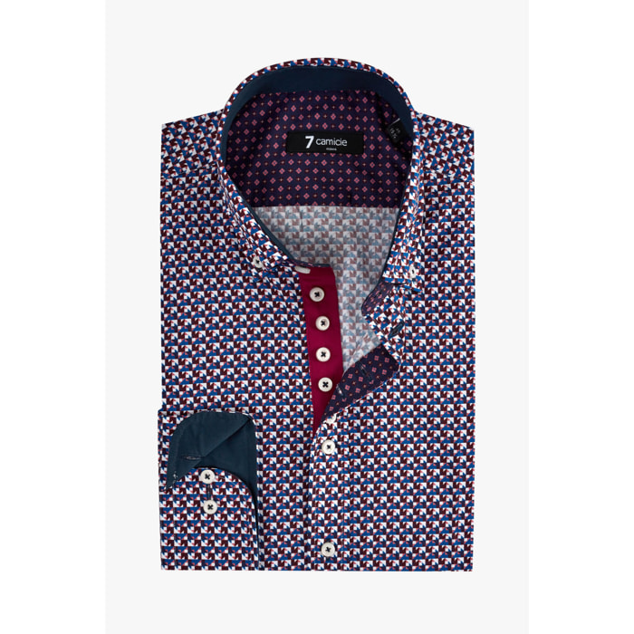 Camicia Uomo 1 Bottoni Button Down Slim Popeline Stampato Bordeaux/Blu
