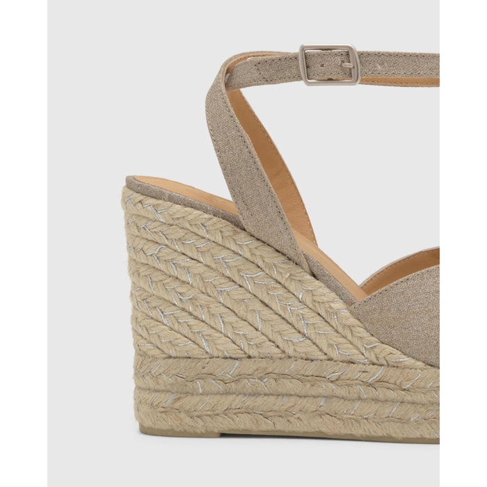 Sandalias de cuña de mujer Blossom en lino metalizado con cierre de pulsera