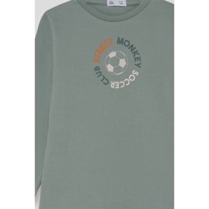 Camiseta niño verde de manga larga de punto, estampado Street Monkey Soccer Club, cuello redondo | Color: Verde medio | Street Monkey