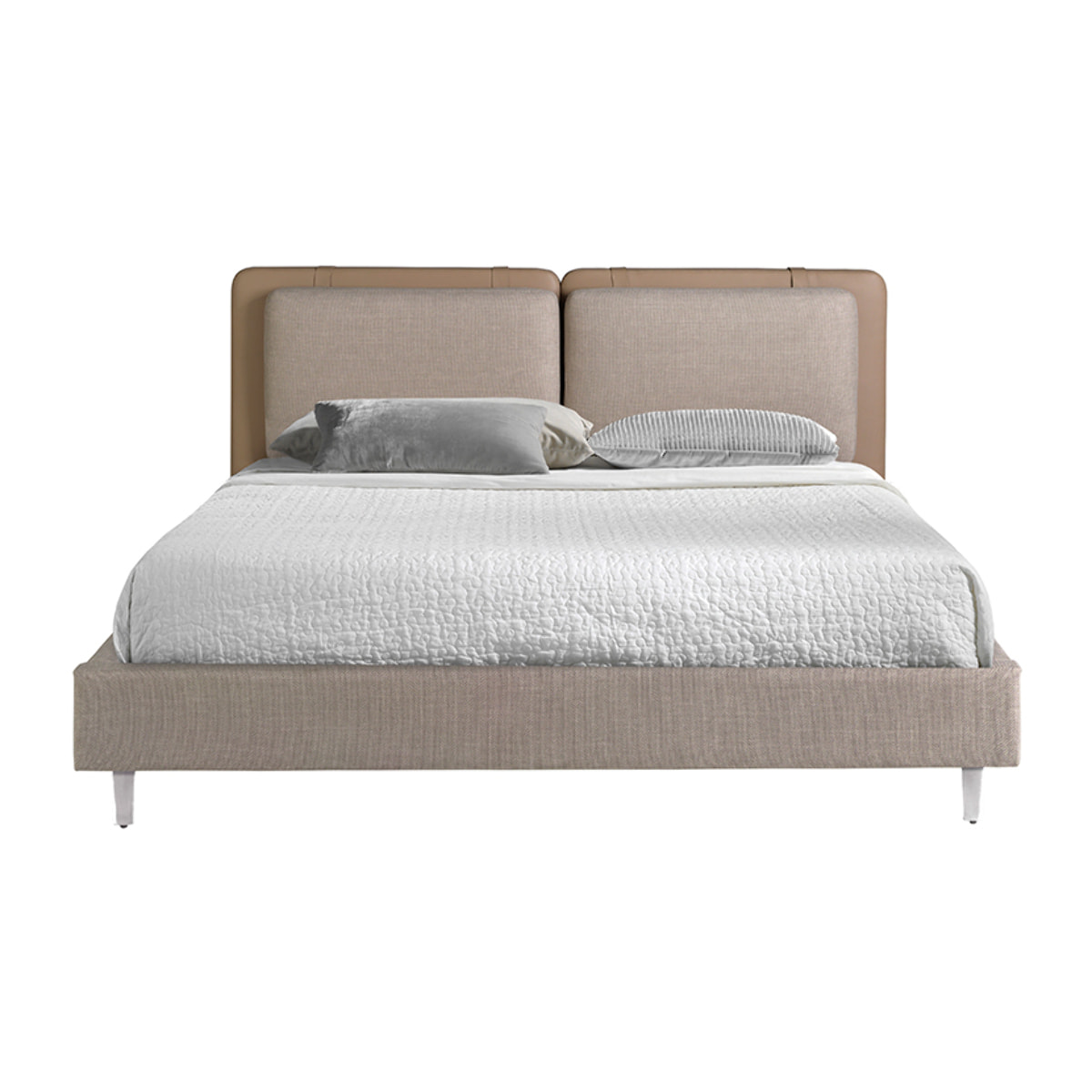 Cama de matrimonio con cabecero en polipiel visón y estructura de tela en gris con patas de acero inoxidable cromado oscuro 217x222x100cm