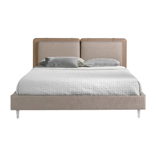 Cama de matrimonio con cabecero en polipiel visón y estructura de tela en gris con patas de acero inoxidable cromado oscuro 217x222x100cm