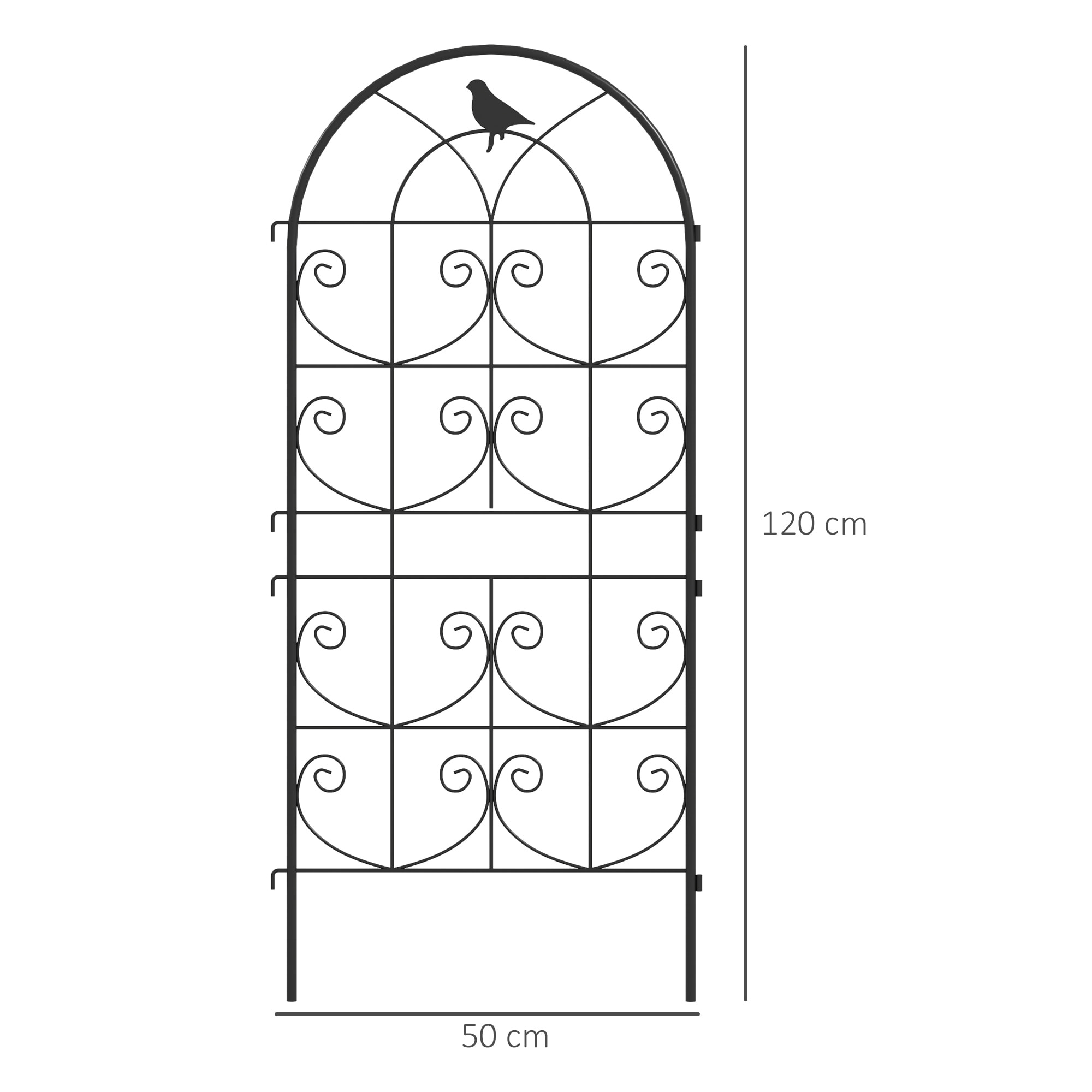 Treillis de jardin effet fer forgé oiseau - 2 supports plantes grimpantes - 50 x 120 cm - métal époxy noir