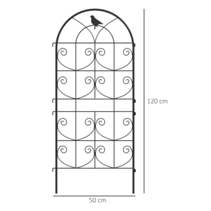 Treillis de jardin effet fer forgé oiseau - 2 supports plantes grimpantes - 50 x 120 cm - métal époxy noir