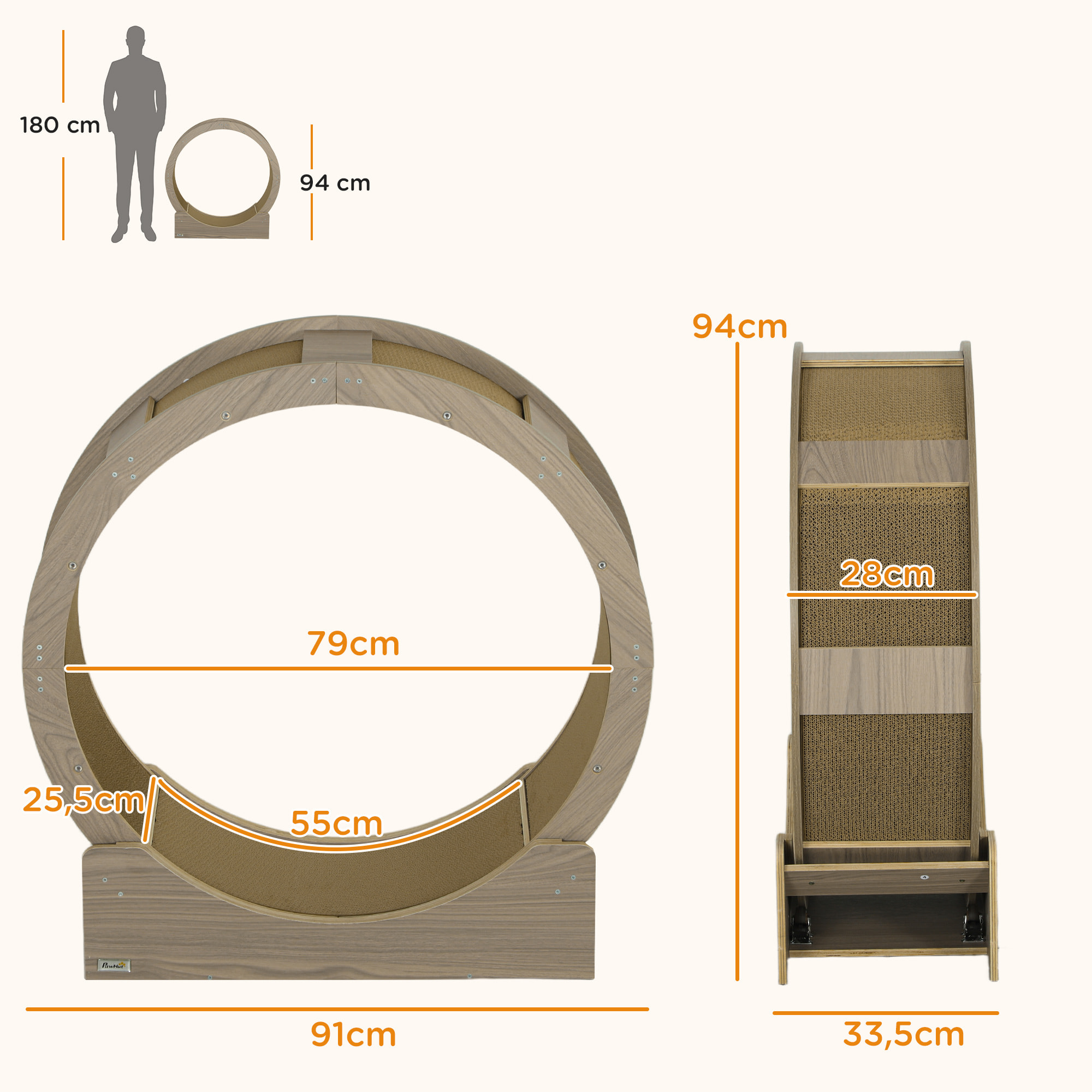 Roue d'exercice pour chat - frein, grattoirs - dim. 91L x 33,5P x 94H cm - aspect bois brun