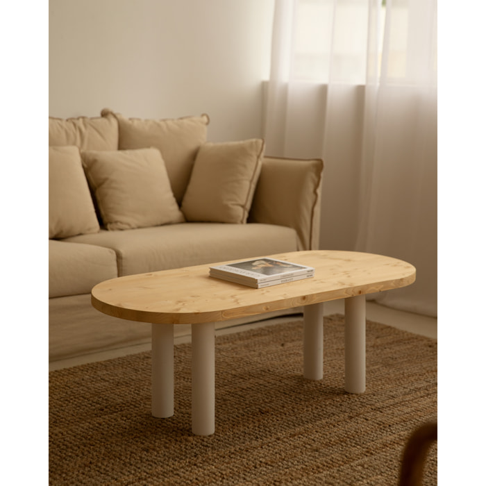 Table basse ovale en bois massif avec plateau en teinte chêne moyen et pieds en teinte blanche de 40x120cm Hauteur: 40 Longueur: 120 Largeur: 50