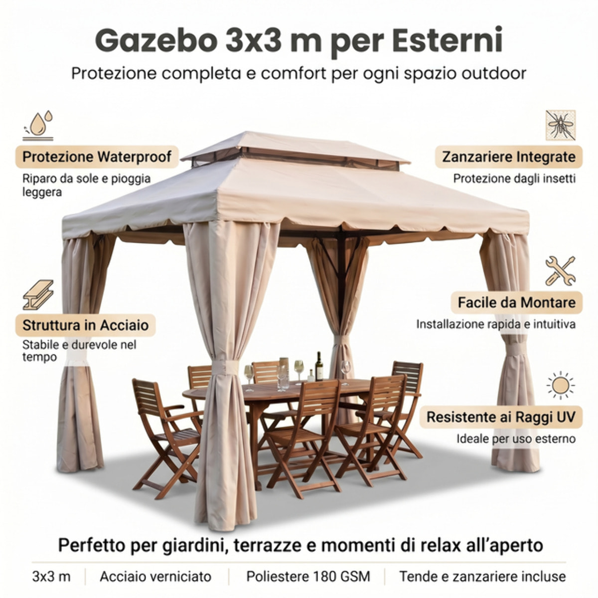 Gazebo impermeabile con zanzariere e tende laterali, struttura in acciaio e alluminio, copertura waterproof con camino antivento, stabile e resistente, ideale per giardino terrazzo e patio, facile montaggio con picchetti inclusi