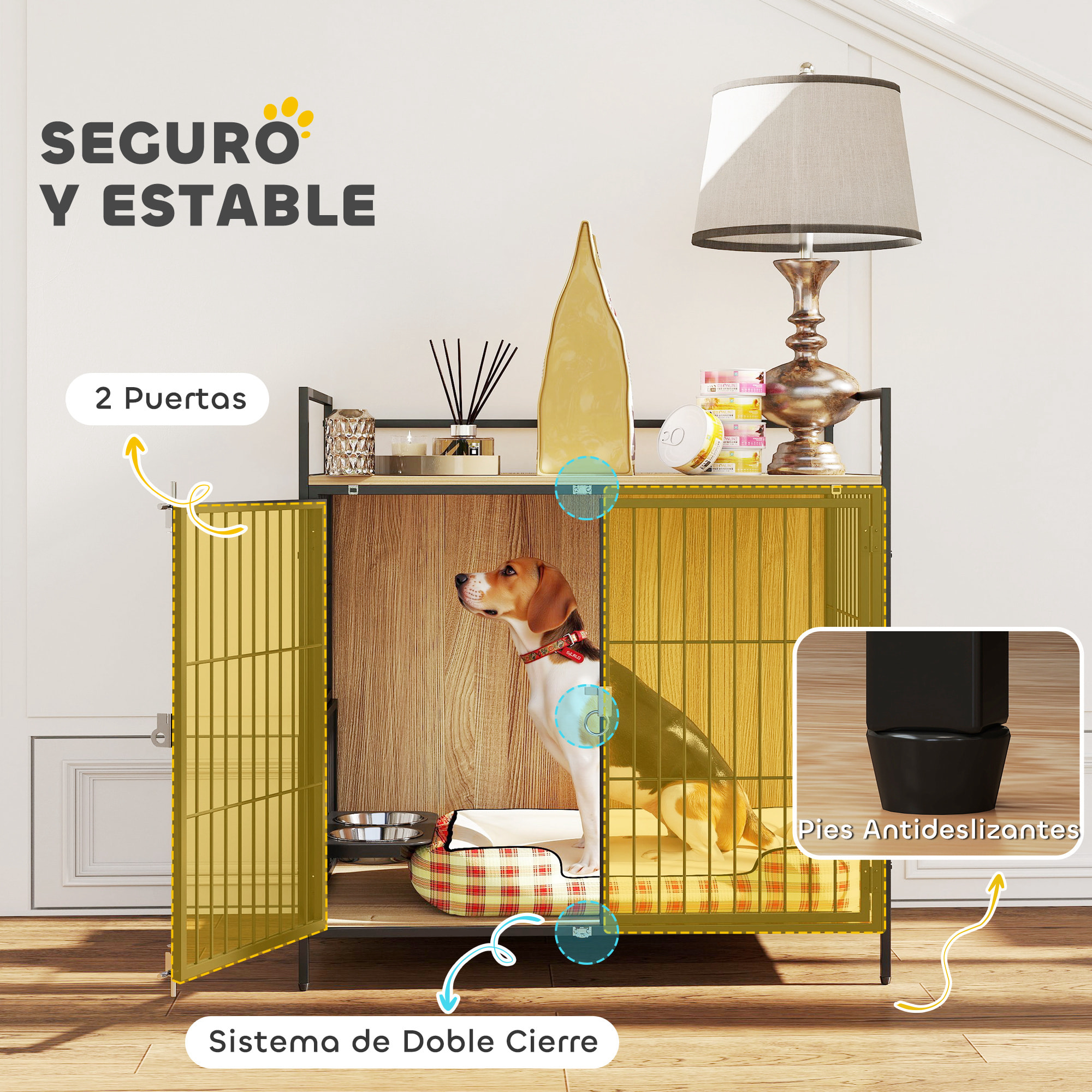 Jaula para Perros Mesa Auxiliar Moderna Casa para Mascotas con Soporte Giratorio con 2 Tazones 2 Puertas y Estante de Almacenamiento Superior para Perros Medianos 80x56x76,5 cm Roble