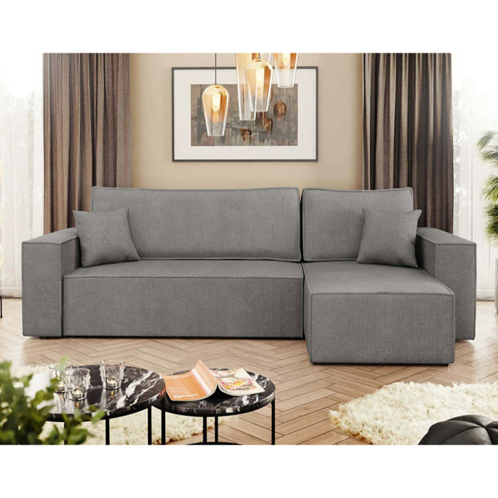 Cezanne - Canapé d'angle réversible 4 places convertible avec coffre en tissu texturé - Gris