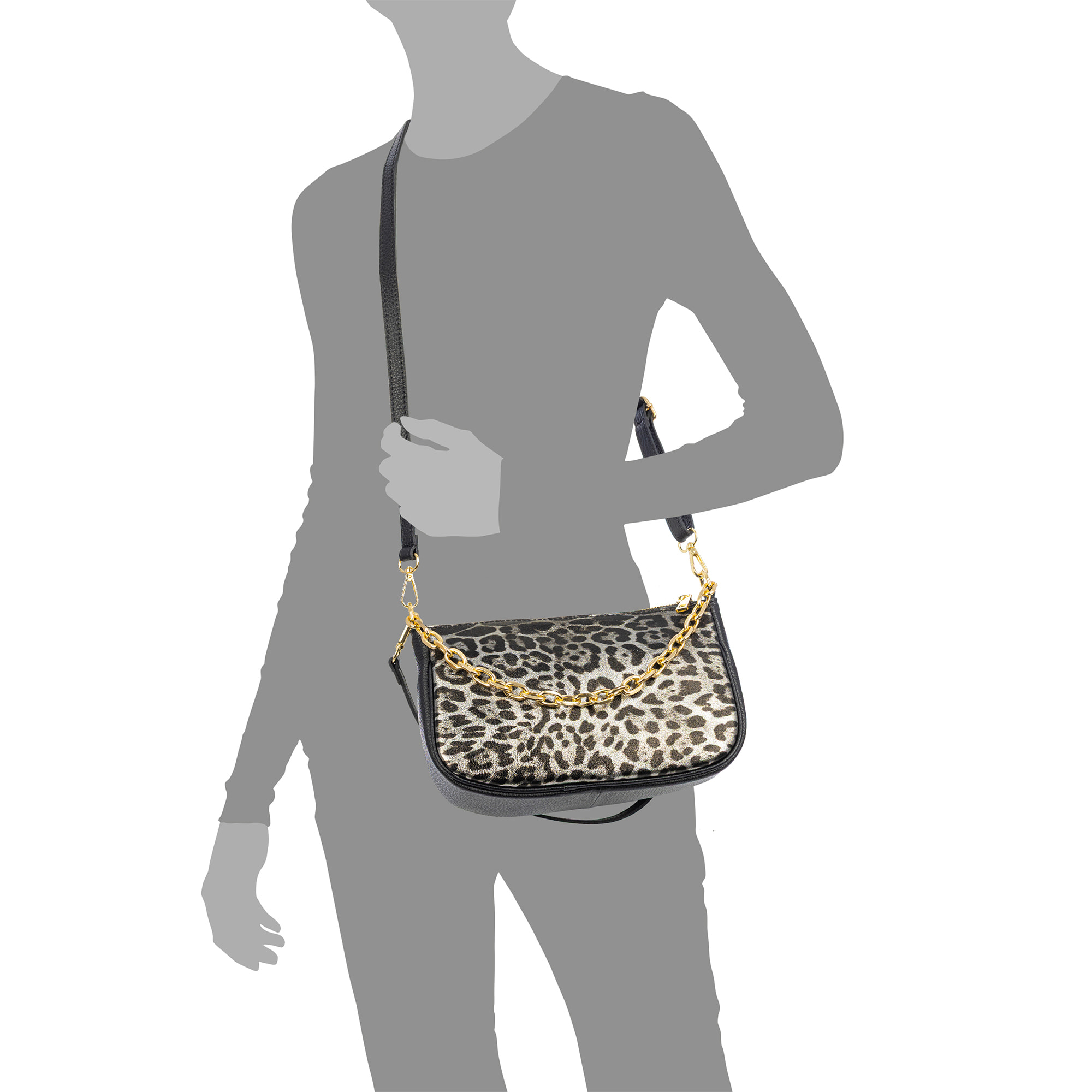 Avella bolso bandolera mujer, de piel auténtica Gamuza lacada con estampado de animal print leopardo, Dollaro.