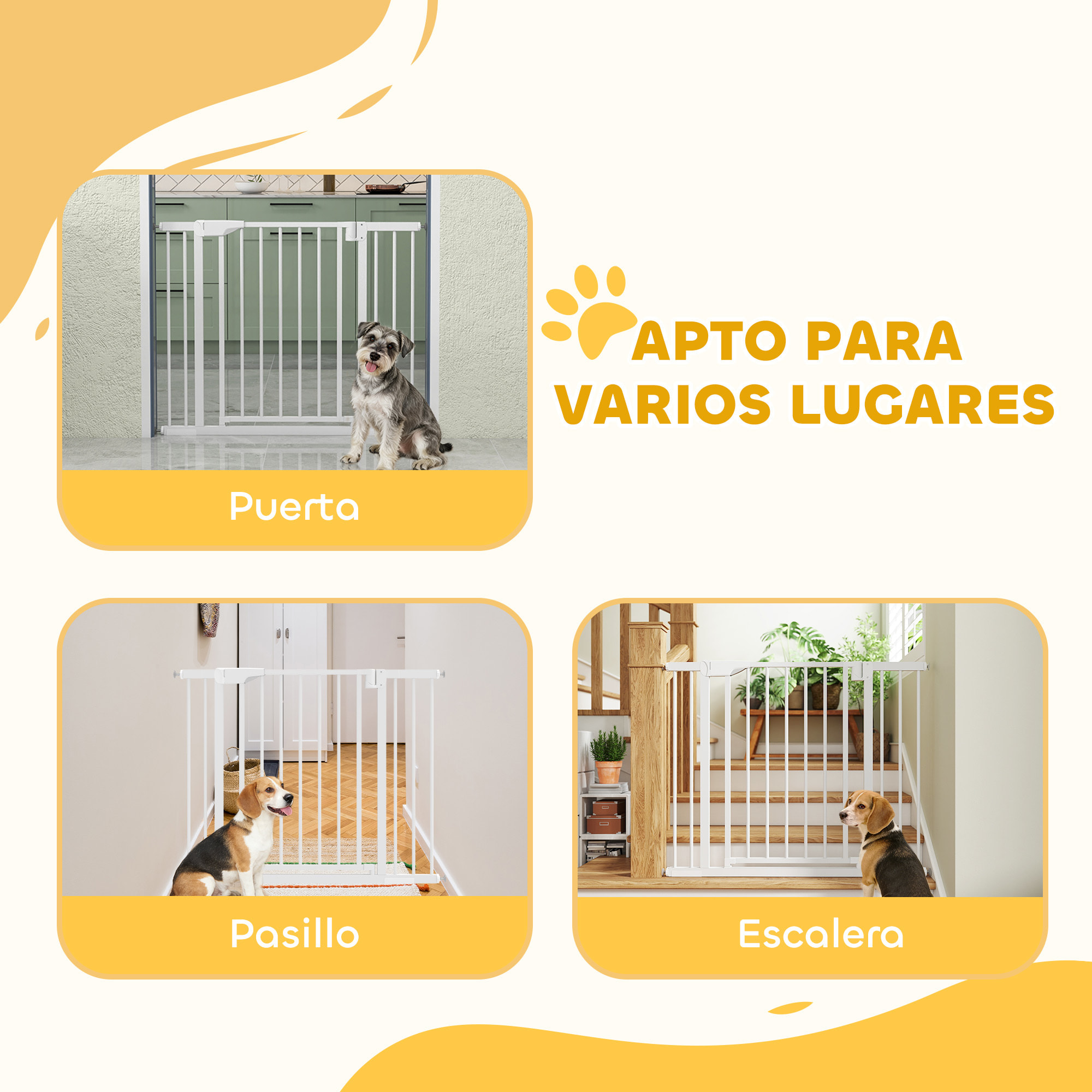 Barrera de Seguridad para Niños y Perros, Extensible 76-103 cm, Puerta para Perros, Bloqueo Doble, Cierre Automático, Apertura Dos Sentidos, Montaje a Presión, 2 Extensiones 7/14 cm, Blanco