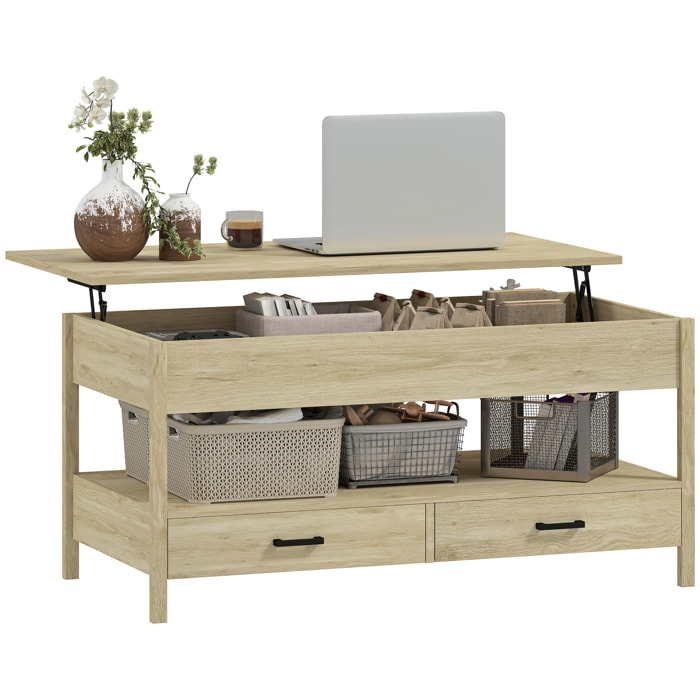 Mesa de Centro Elevable Mesa de Café con Encimera Elevable Espacio Oculto de Almacenaje Cajones y Estante Abierto 100x50x48-62 cm Roble