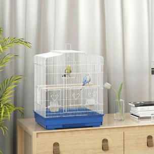 Jaula para Pájaros, Jaula de Acero para Pájaros con Puertas, 2 Comederos, 2 Perchas, Columpio, Bandeja Extraíble y Asa de Transporte, para Loro, Canario, Periquito, 46,5x36x59 cm, Azul