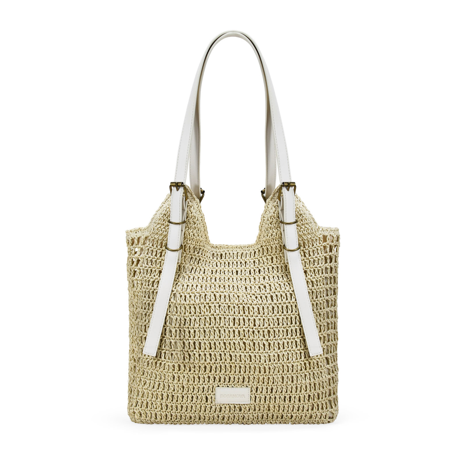 Bolso de hombro beige en rafia con hebillas