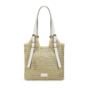 Bolso de hombro beige en rafia con hebillas
