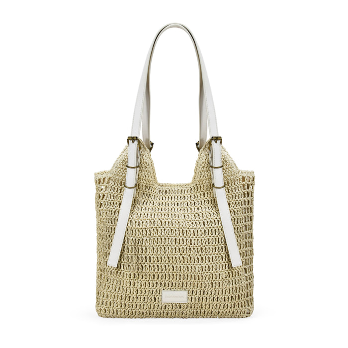 Bolso de hombro beige en rafia con hebillas