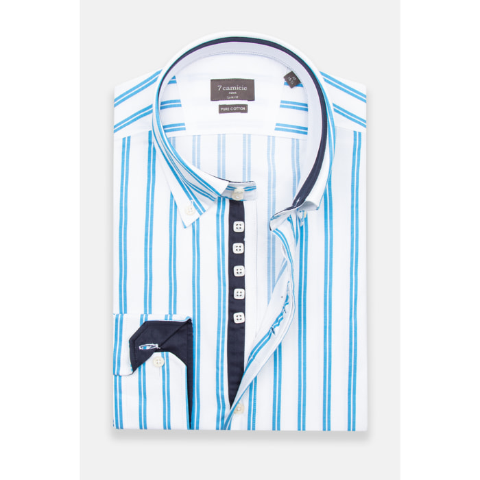 Camicia Uomo 2 Bottoni Button Down Slim Armaturato Riga Larga Bianco e Turchese