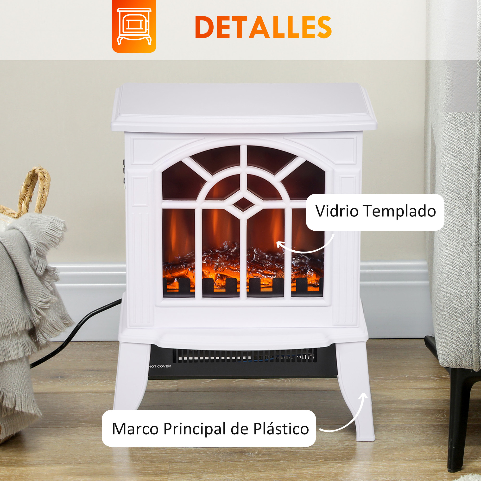 Chimenea Eléctrica 1000 W/2000 W Chimenea Decorativa con Temperatura Ajustable LED Llamas y Protección Sobrecalentamiento para 15-20 ㎡ 36,5x24x46 cm Blanco