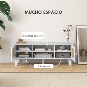 Conjunto para el Hogar Incluye 1 Mueble de TV 1 Mesa Consola 1 Banco Zapatero con Asiento y 1 Mesita Auxiliar con Elemento de Ratán Estilo Bohemio Blanco