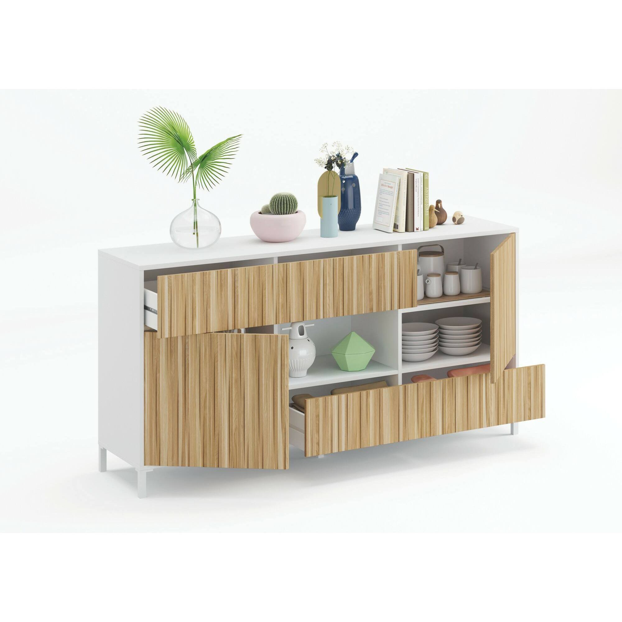 Credenza Wheaton, Buffet da soggiorno a 2 ante e 2 cassetti, Madia da salotto, Credenza moderna, 151x41h80 cm, Rovere e Bianco lucido